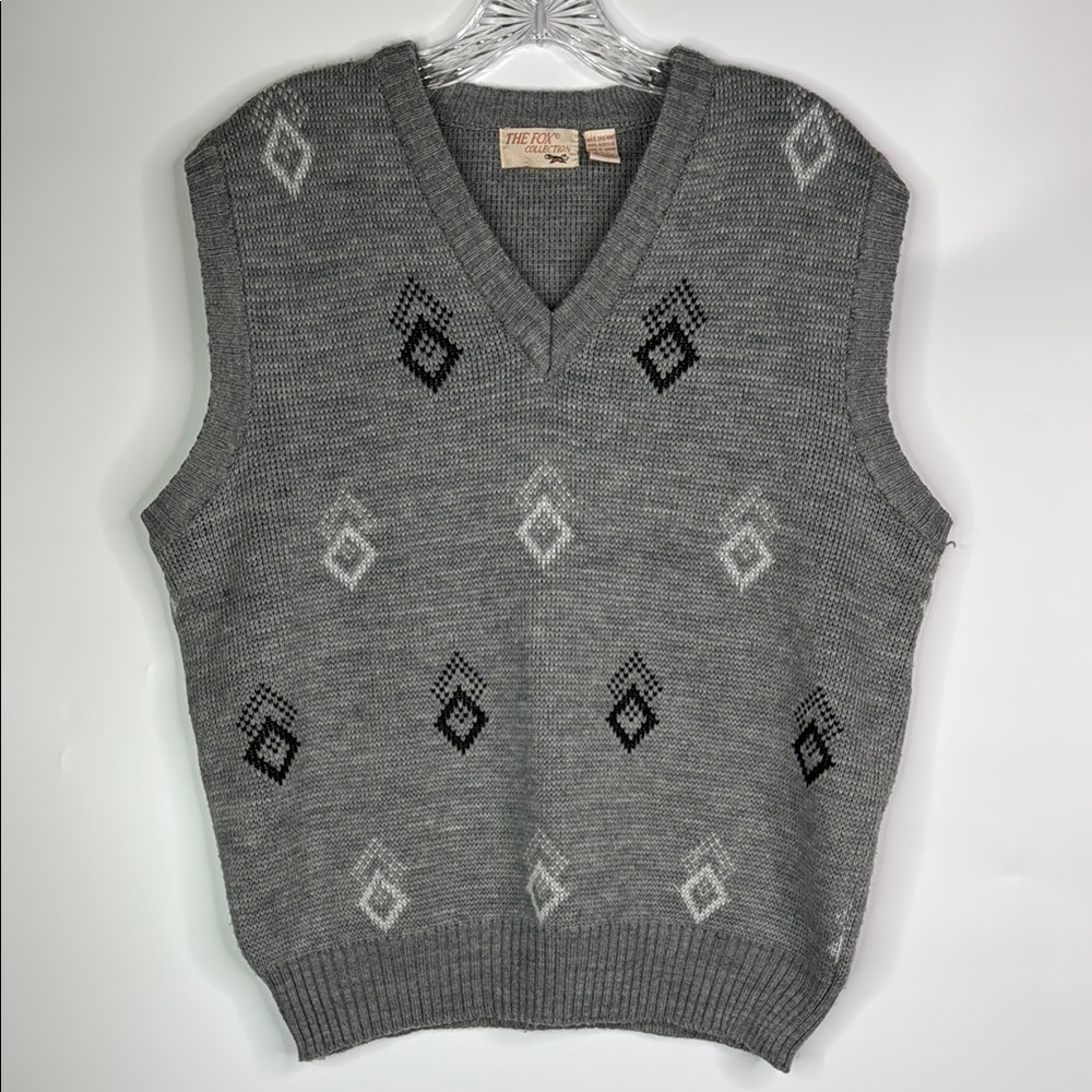Vintage The Fox Collection Grey Geometric Gray Sweater Vest Size Large
